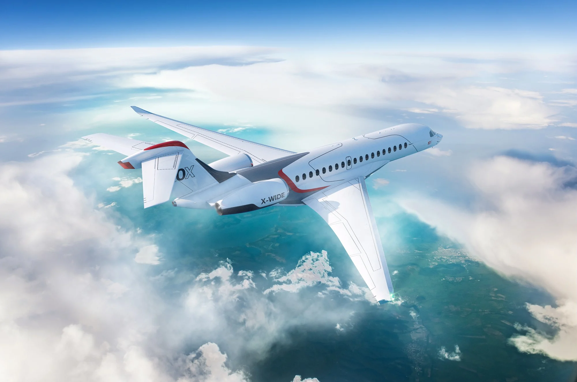 le Falcon 10X de Dassault volant au dessus des nuages, avion privé blanc avec des détails rouges et gris