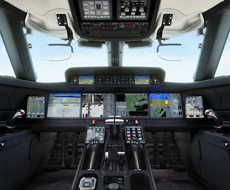 Gulfstream G800 Symmetry Flight Deck cockpit — 10 touchscreens and Active Control Sidesticks