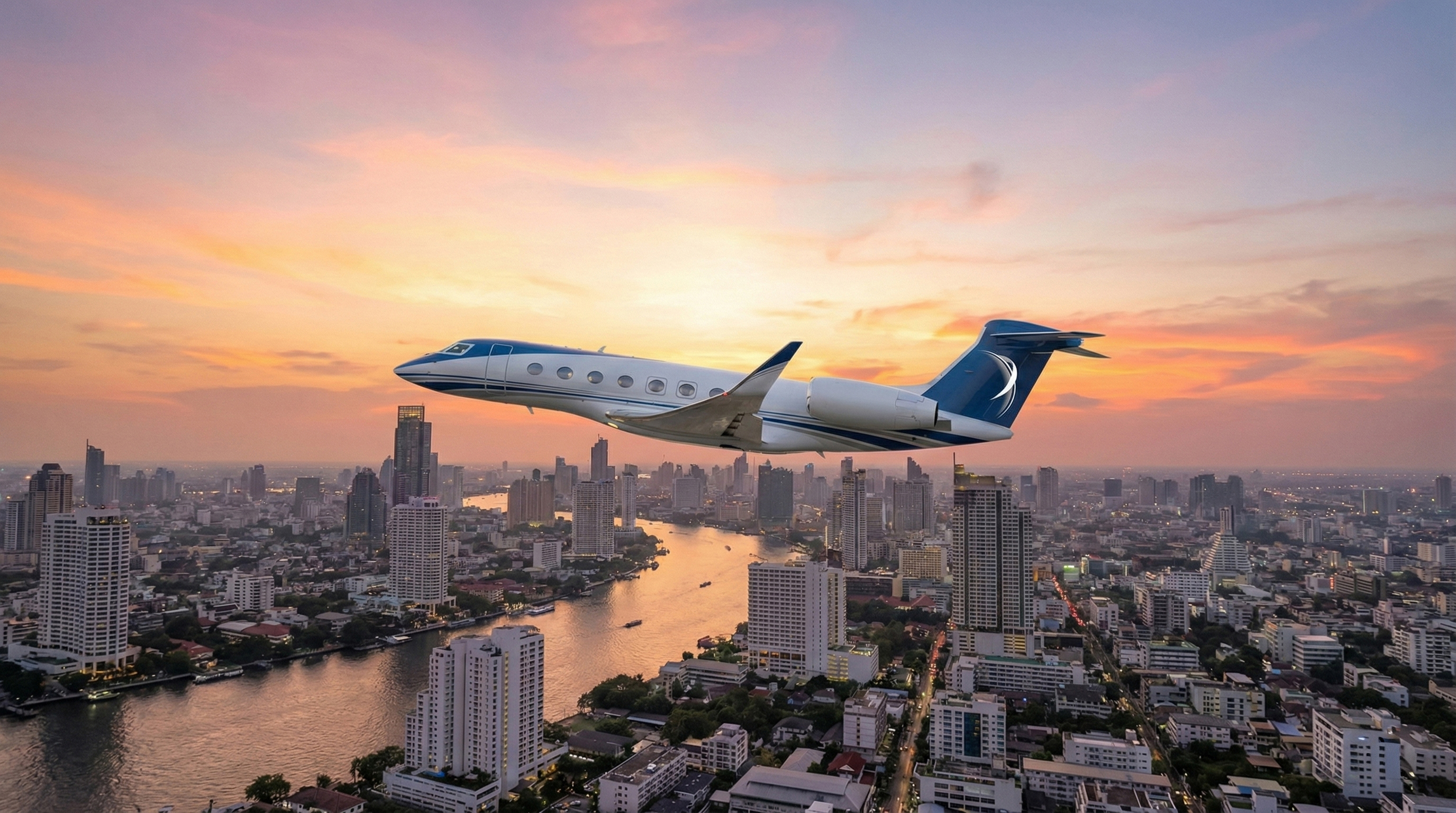 Gulfstream G700 flyng above the city of Bangkok the capitale of Thailand