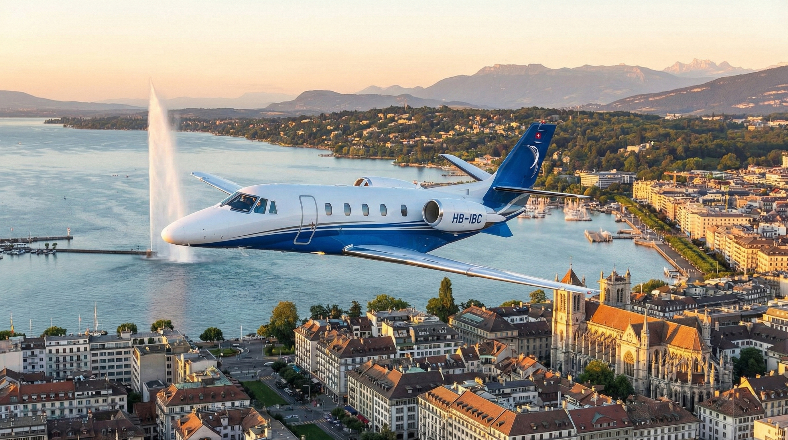 Jet privé de type Cessa Citation XLS survolant la ville de Genève et son mythique geyser sur le lac Léman
