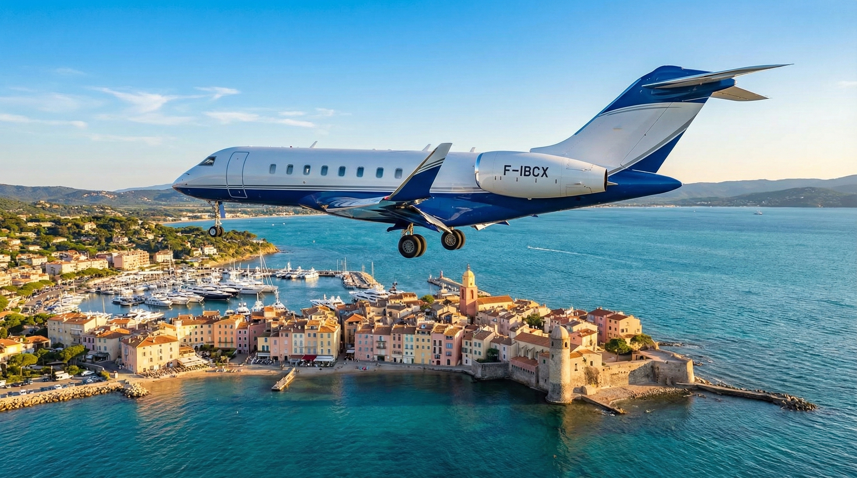 Jet Privé de type Bombardier Global 7000 survolant la ville de Saint Tropez