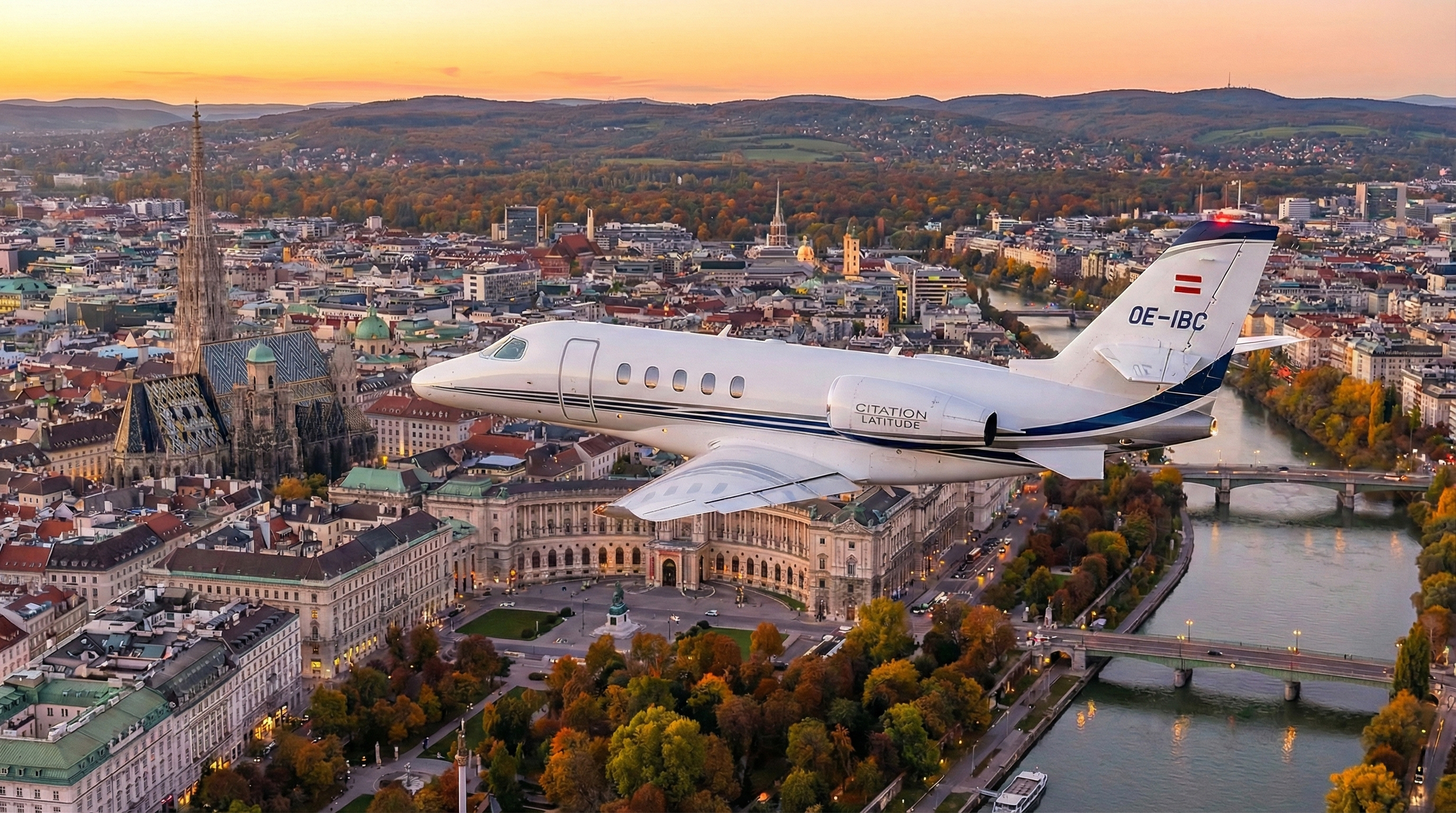 Private Jet Cessna Citation Latitude flying above the city of Vienna