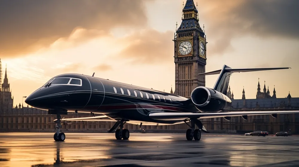 Gulfstream black private jet in London in front of the Big Ben