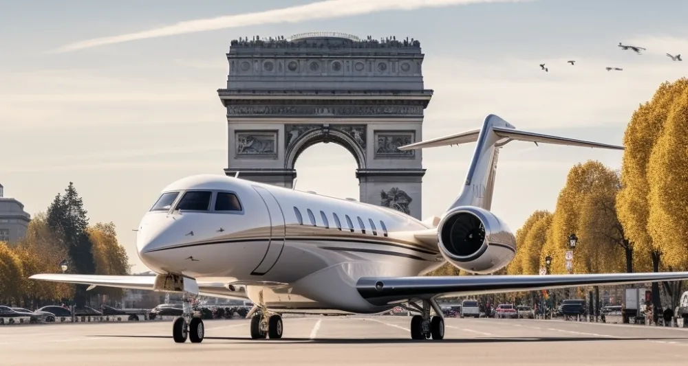 jet privé à Paris face à l'arc de triomphe