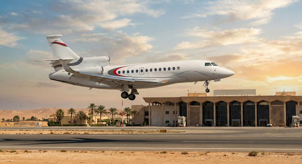 Jet Privé de type Falcon 8X effectuant un atterissage à l'aéroport de Tripoli